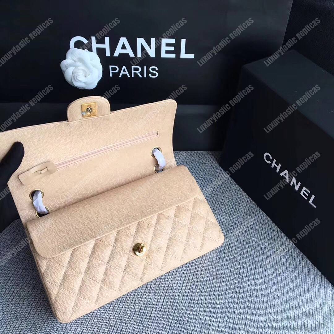 Ch*el medium classic handbag beige gold-tone metal