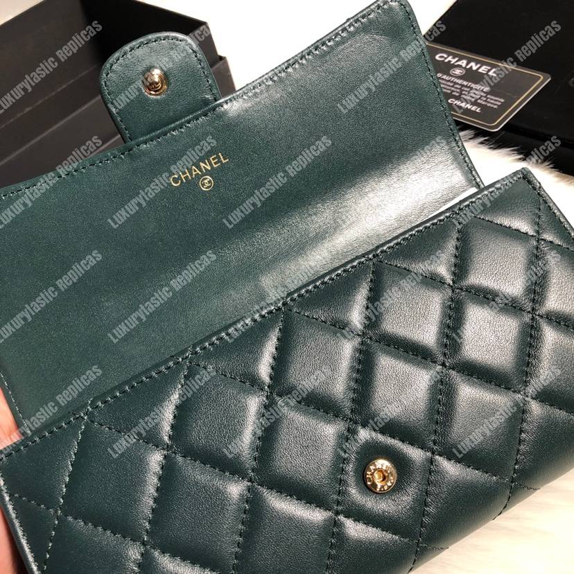 Ch*el classic long flap wallet lambskin leather green