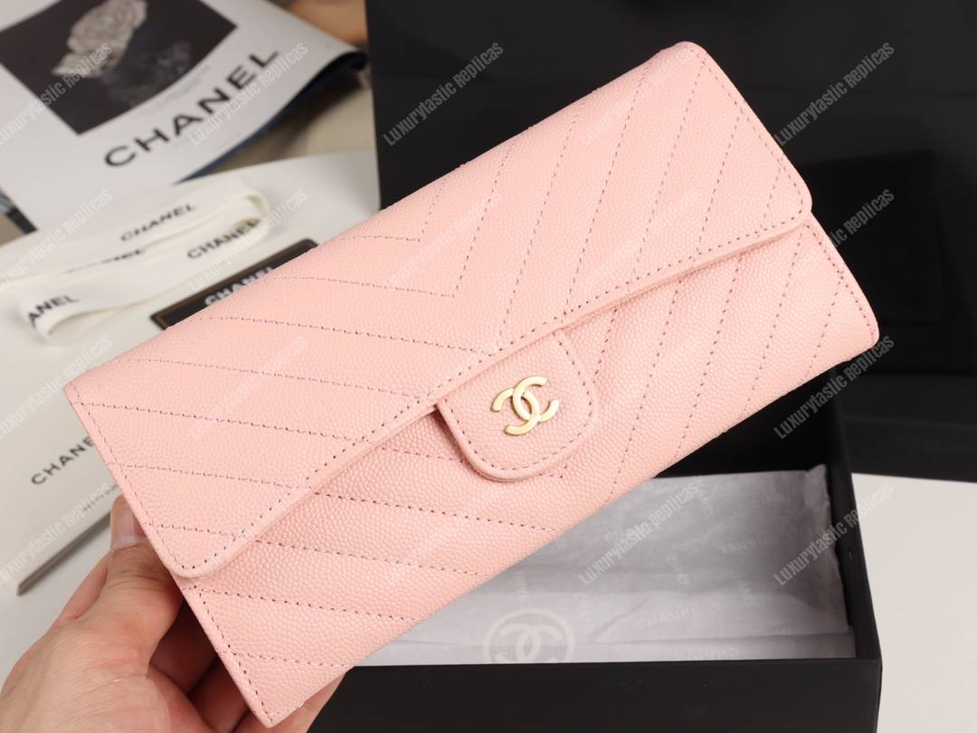 Ch*el classic long flap wallet gold tone pink