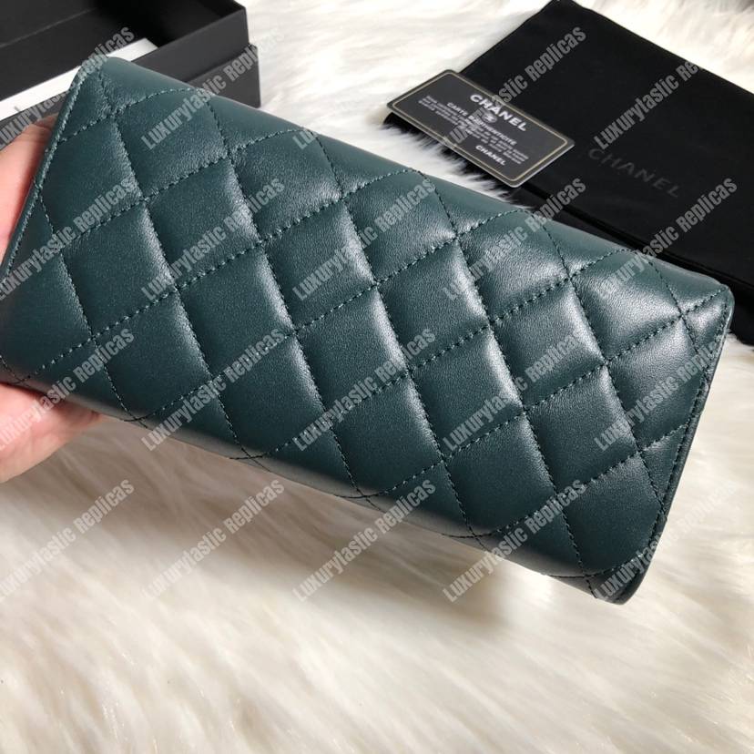 Ch*el classic long flap wallet lambskin leather green