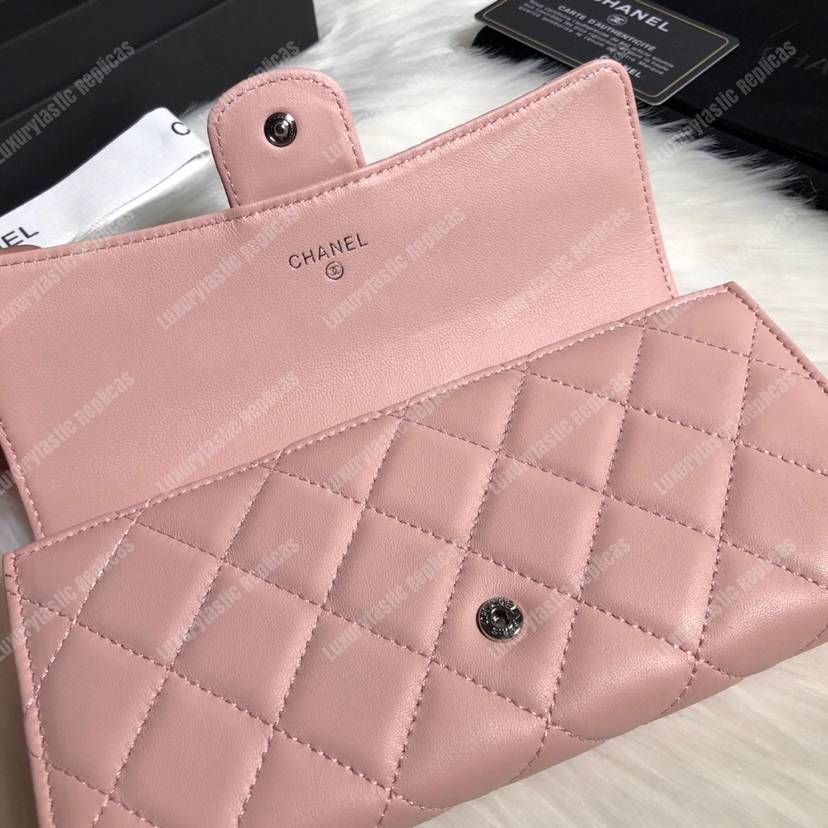Ch*el classic long flap wallet silver tone pink