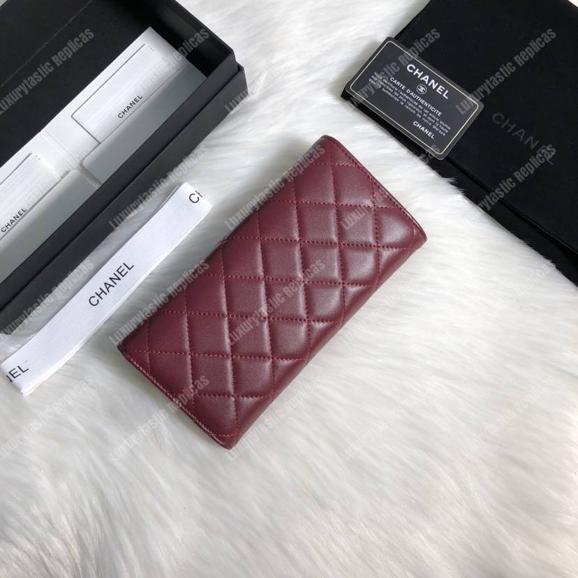 Ch*el classic long flap wallet lambskin leather burgundy