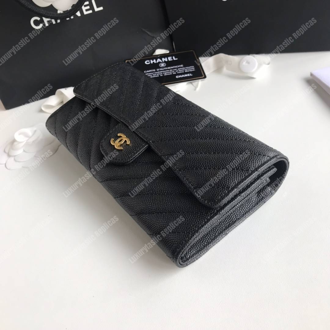 Ch*el classic long flap wallet gold tone black