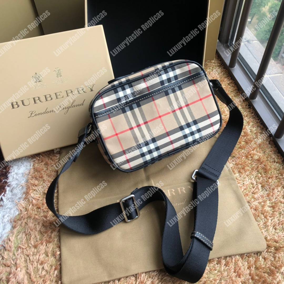 B**rry vintage check and leather crossbody bag archive beige