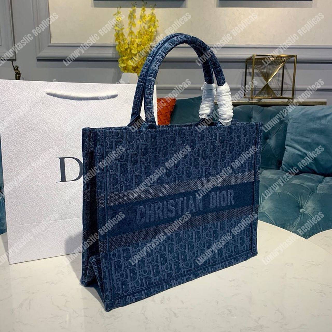 D*or small blue D*or oblique embroidered denim D*or book tote