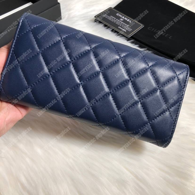 Ch*el classic long flap wallet silver tone navy blue