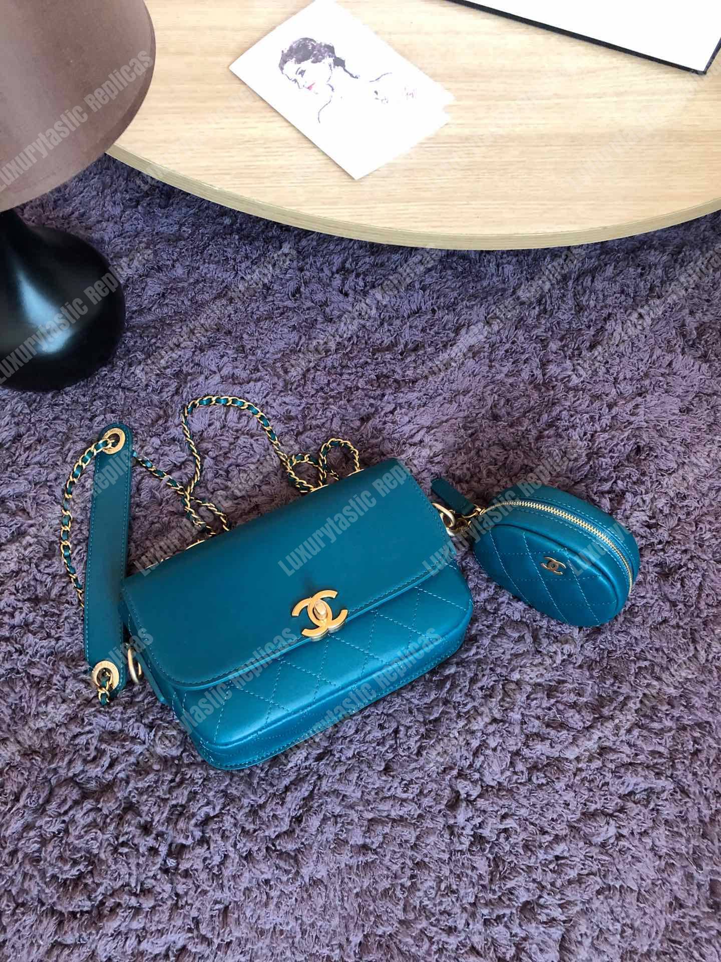 Ch*el flap bag & coin purse blue