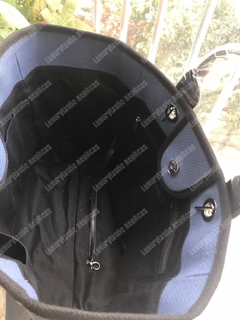 Ch*el deauville fabric tote navy blue/black