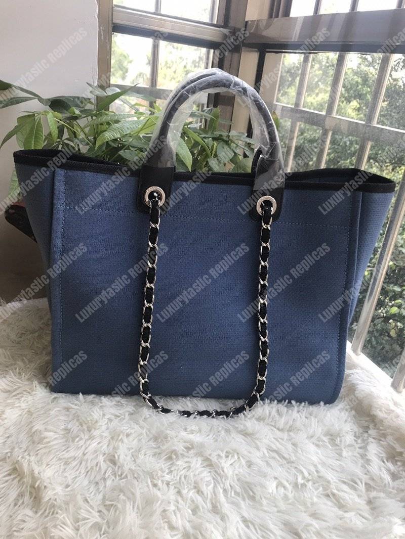 Ch*el deauville fabric tote navy blue/black