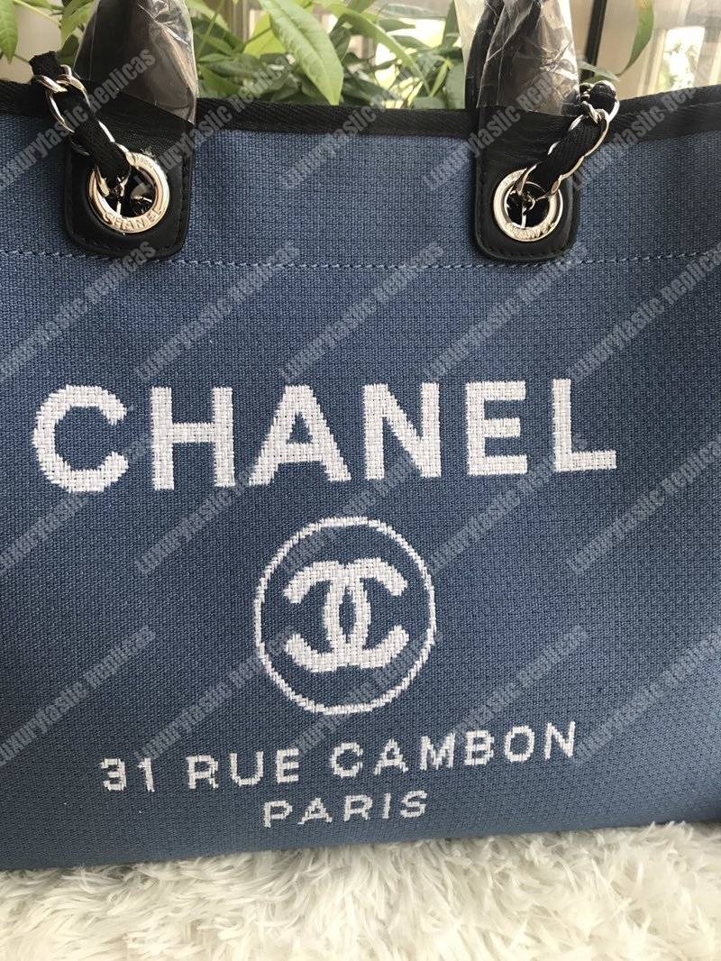 Ch*el deauville fabric tote navy blue/black