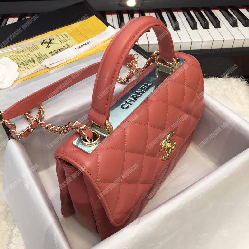 Ch*el small flap bag with top handle dark pink-gold