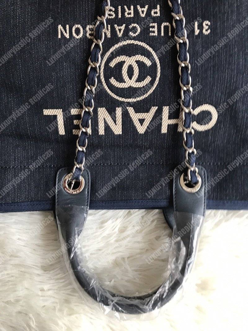 Ch*el deauville fabric tote navy blue/gold