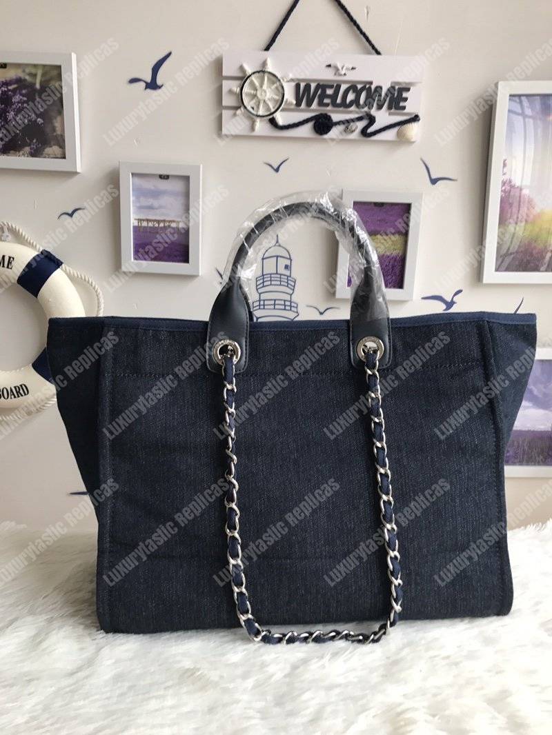 Ch*el deauville fabric tote navy blue/gold