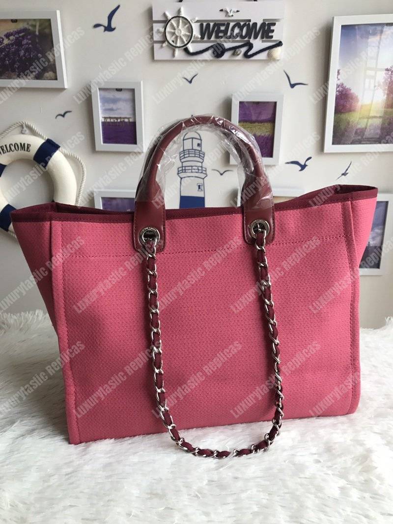 Ch*el deauville fabric tote dark fuchsia/white