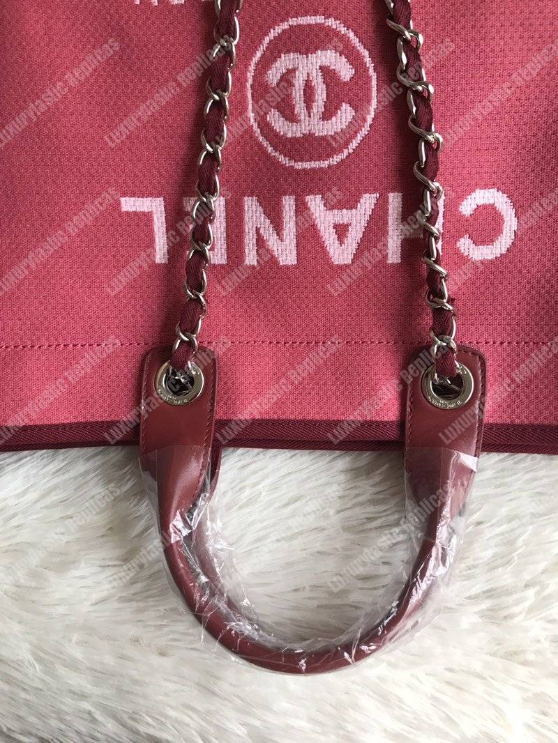 Ch*el deauville fabric tote dark fuchsia/white