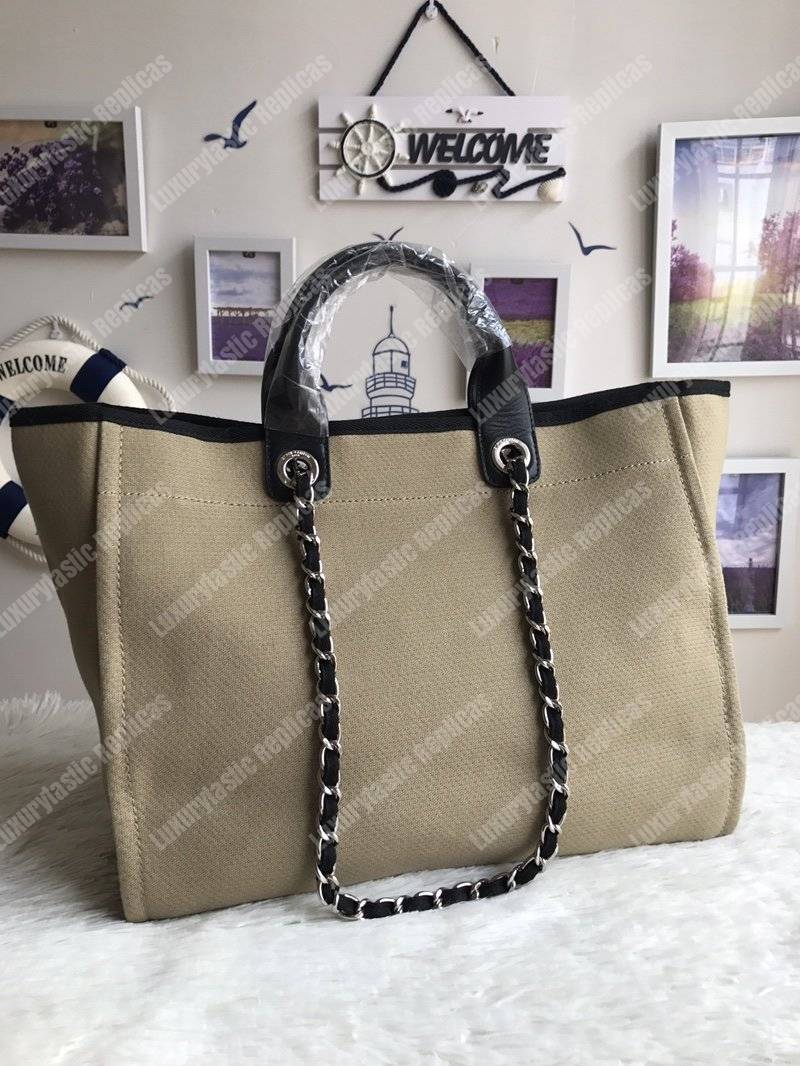 Ch*el deauville fabric tote taupe/white