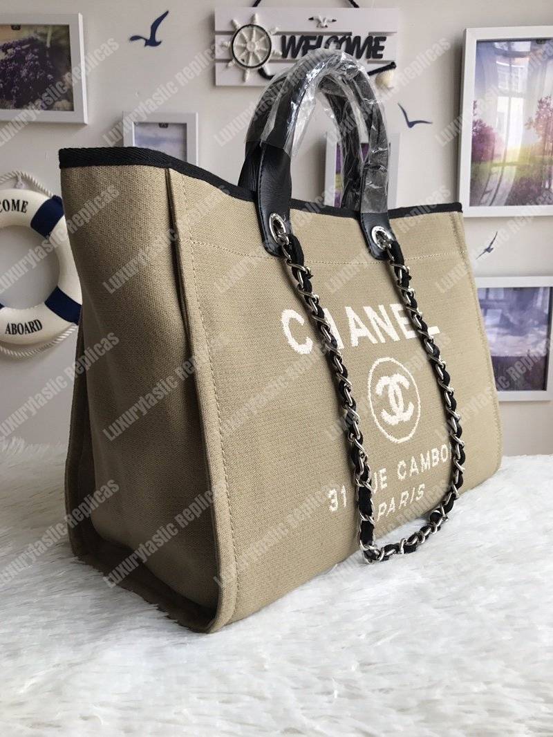 Ch*el deauville fabric tote taupe/white