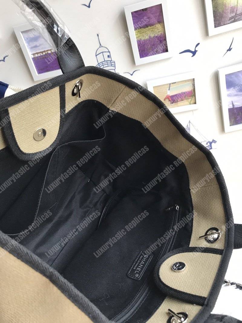 Ch*el deauville fabric tote taupe/white