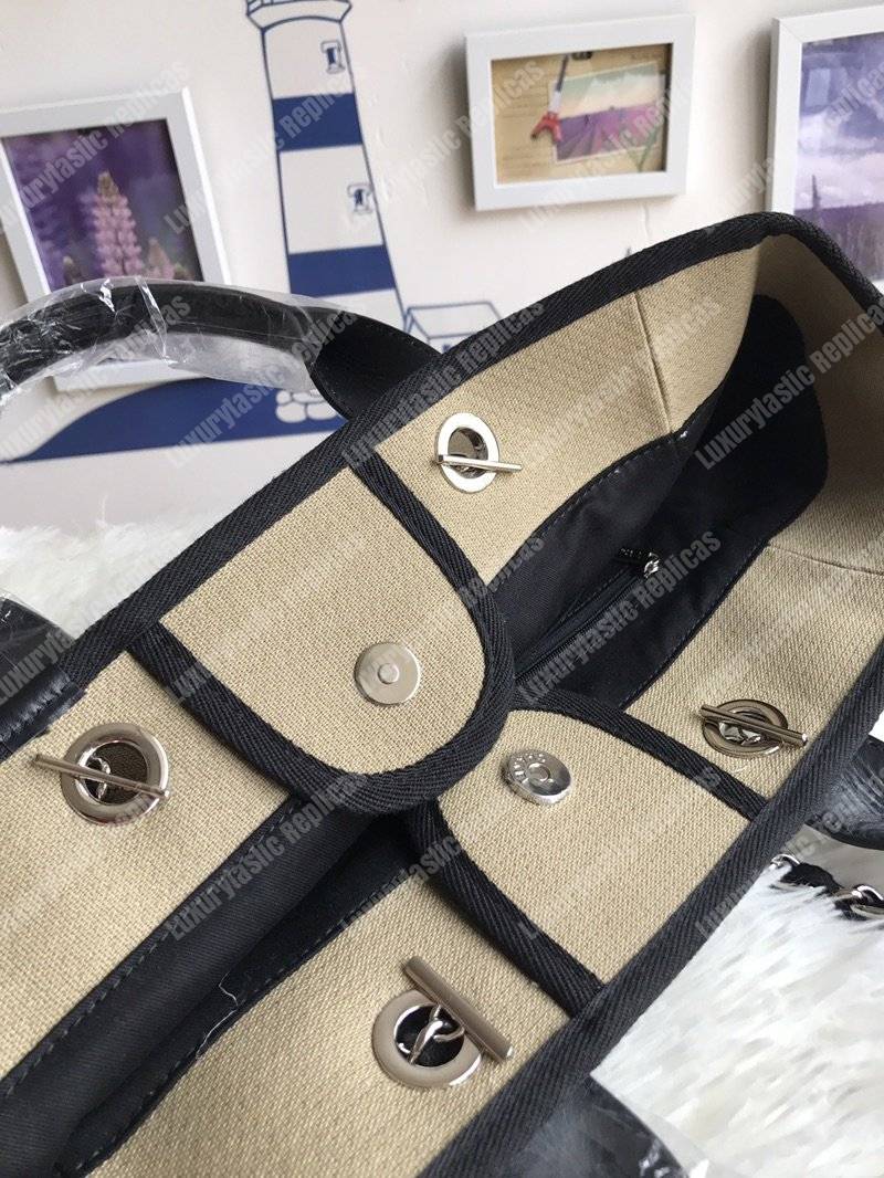 Ch*el deauville fabric tote taupe/white