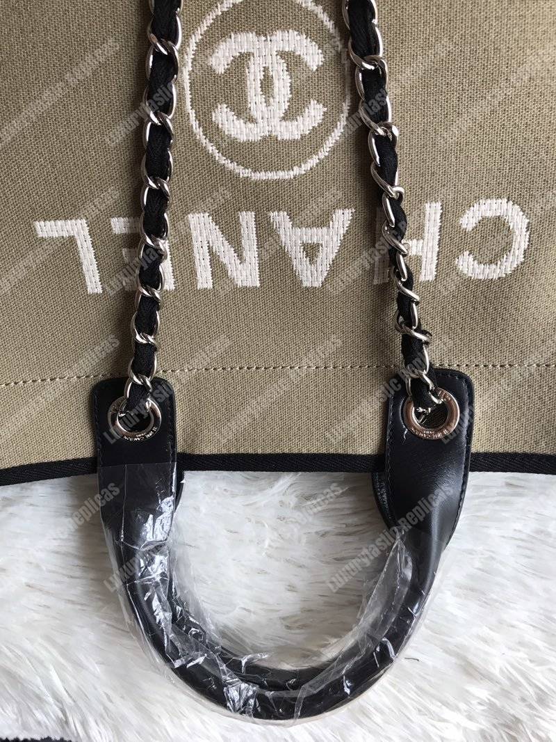 Ch*el deauville fabric tote taupe/white