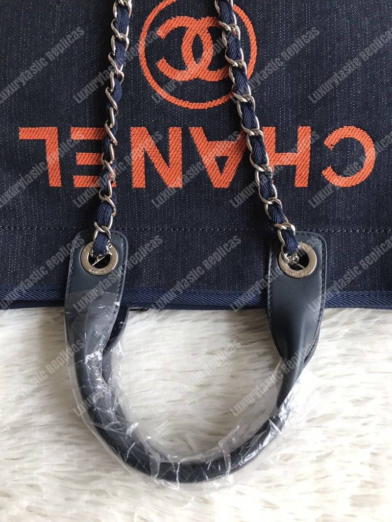 Ch*el deauville fabric tote dark blue/orange