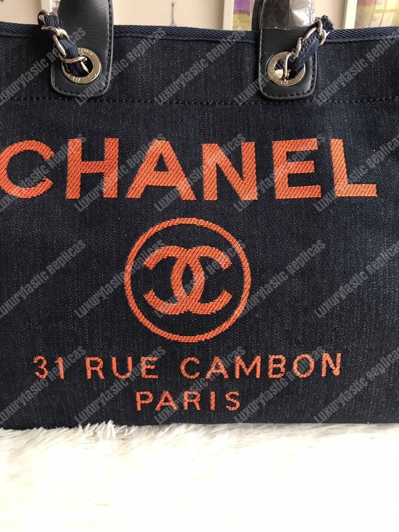 Ch*el deauville fabric tote dark blue/orange