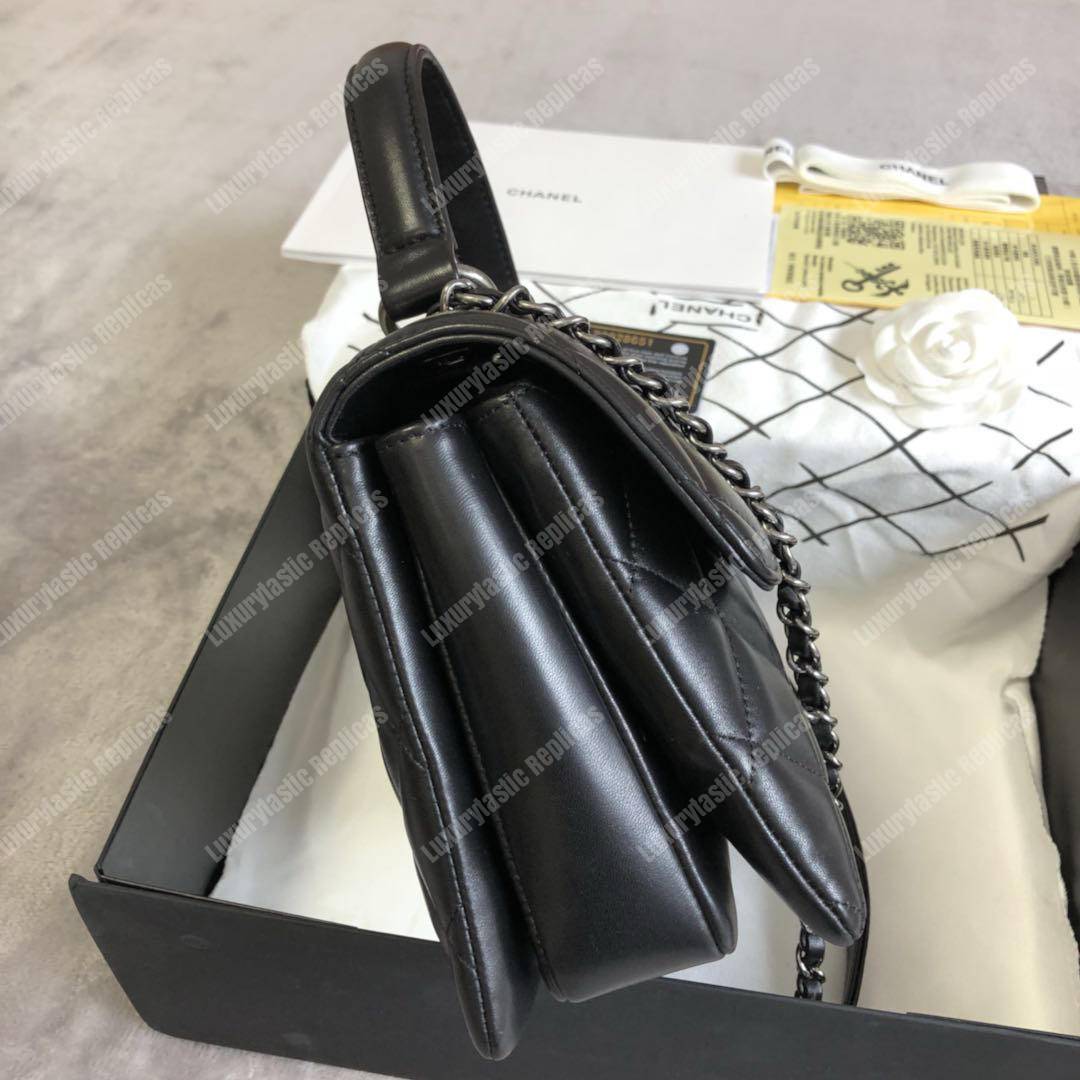 Ch*el small flap bag with top handle black-ruthenium