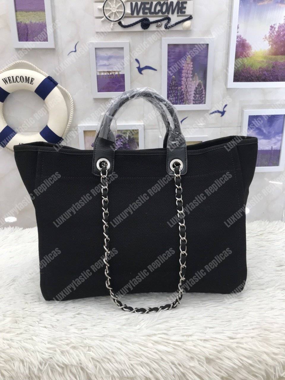 Ch*el deauville fabric tote black/gray