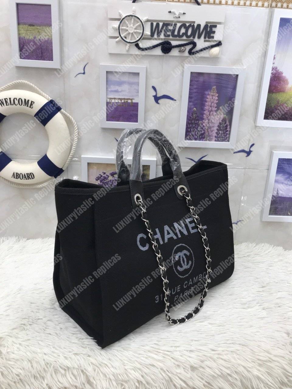 Ch*el deauville fabric tote black/gray