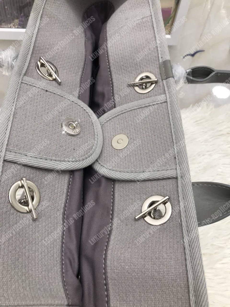 Ch*el deauville fabric tote navy gray/white