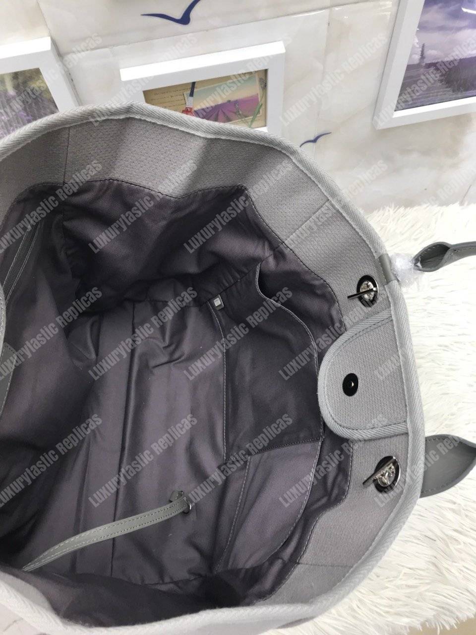 Ch*el deauville fabric tote navy gray/white