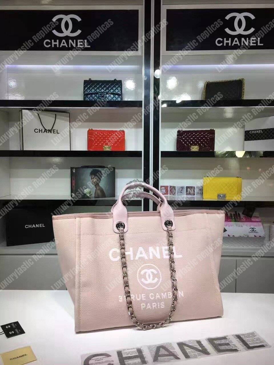 Ch*el deauville fabric tote rose pink/white