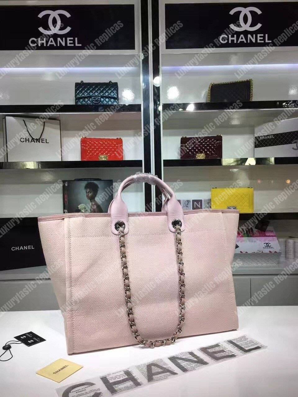 Ch*el deauville fabric tote rose pink/white