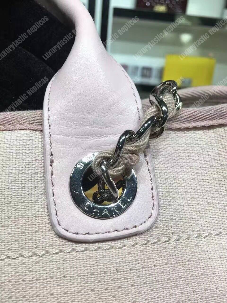 Ch*el deauville fabric tote rose pink/white