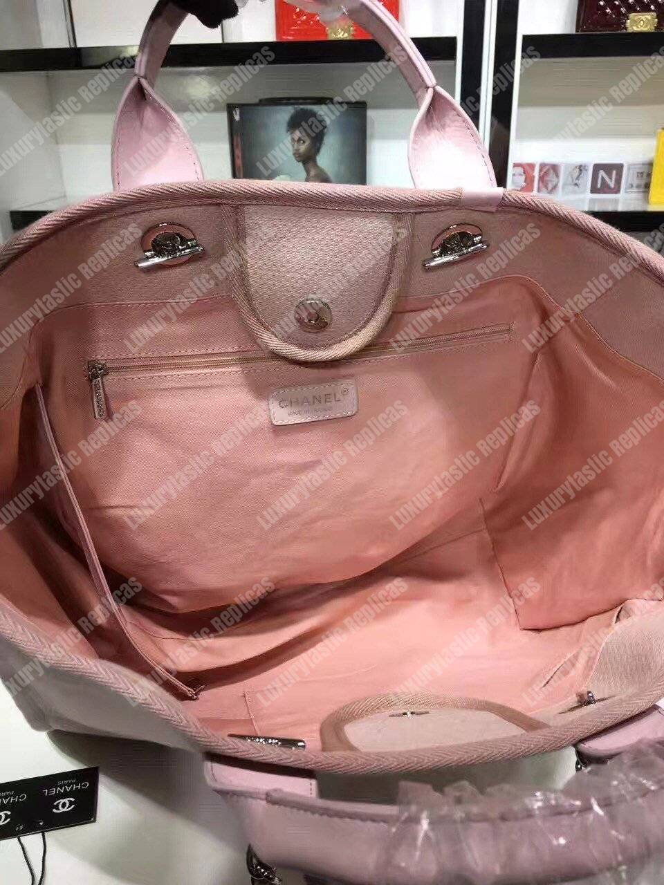 Ch*el deauville fabric tote rose pink/white