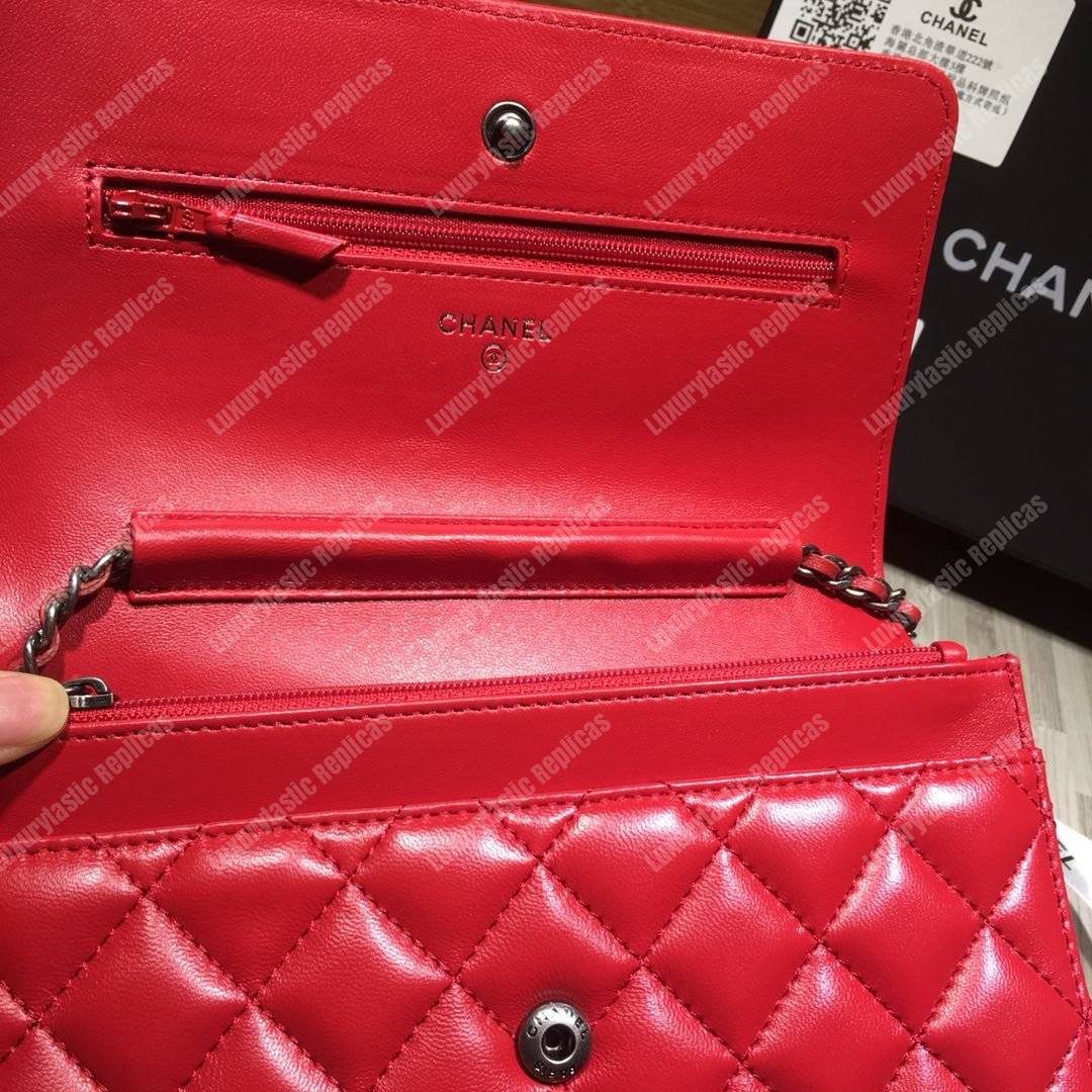 Ch*el le boy wallet on chain – woc red quilted lambskin silver-toned