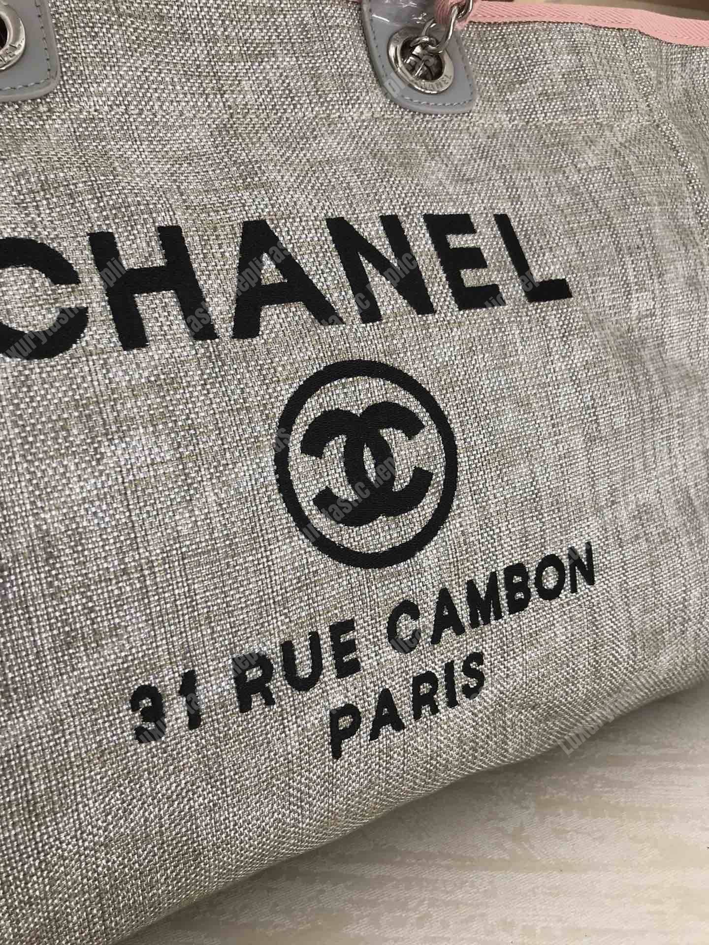Ch*el deauville fabric tote gray/pink