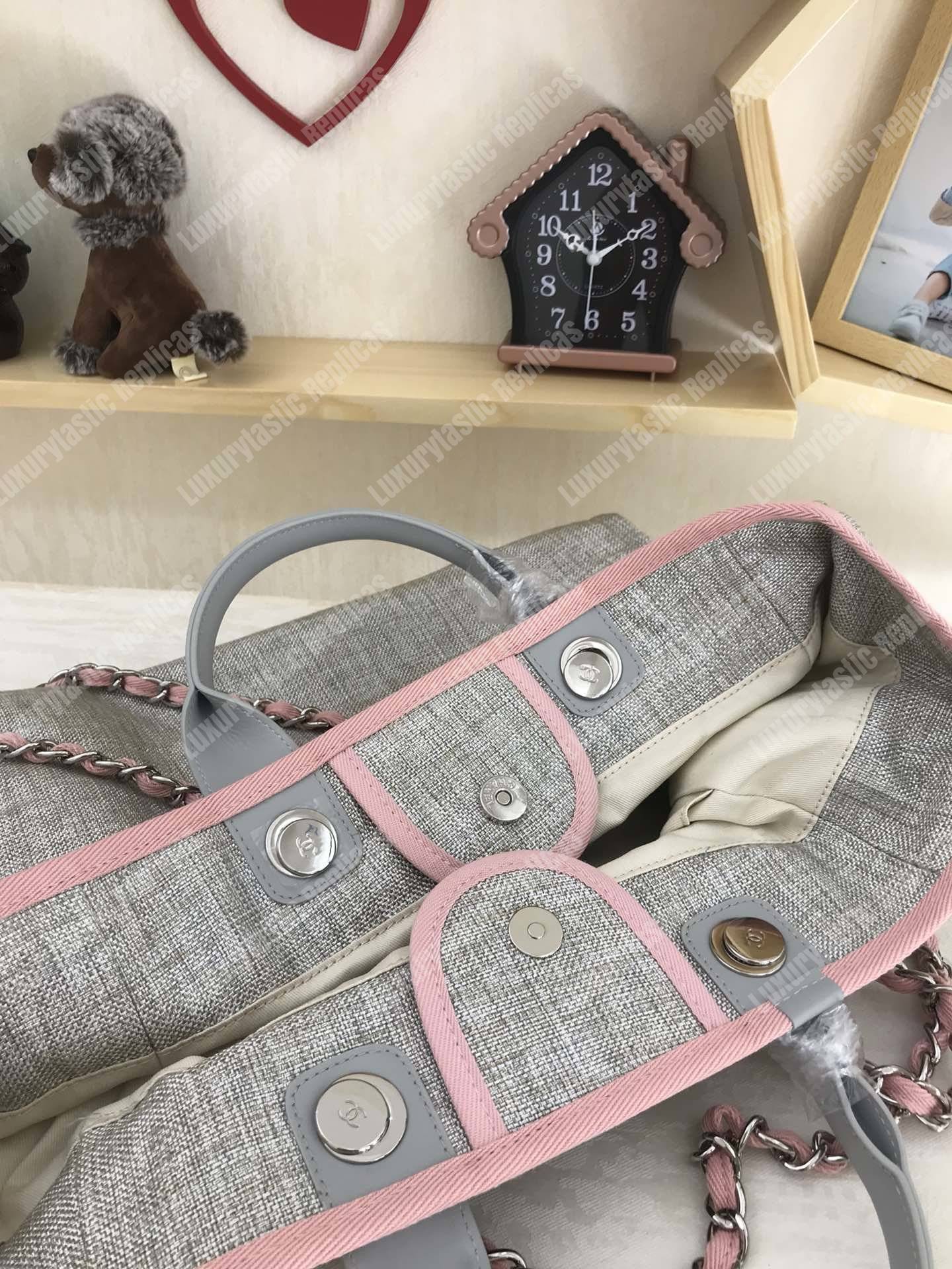 Ch*el deauville fabric tote gray/pink