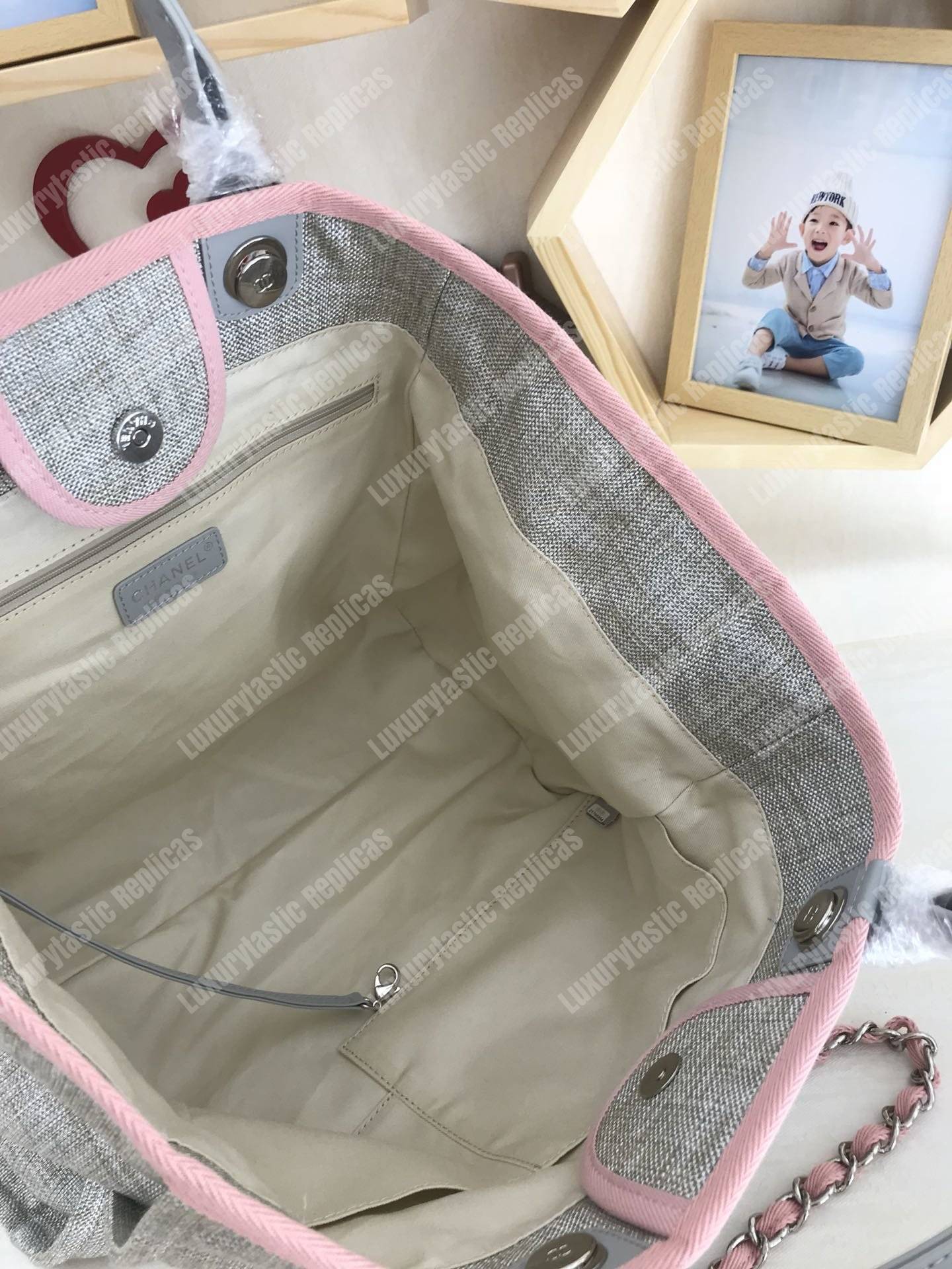Ch*el deauville fabric tote gray/pink