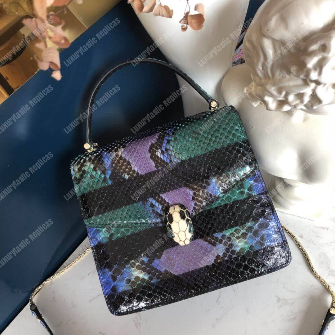 BVL Serpenti Forever Flap Cover Pop-Stripe Python Small Bag Royal Sapphire
