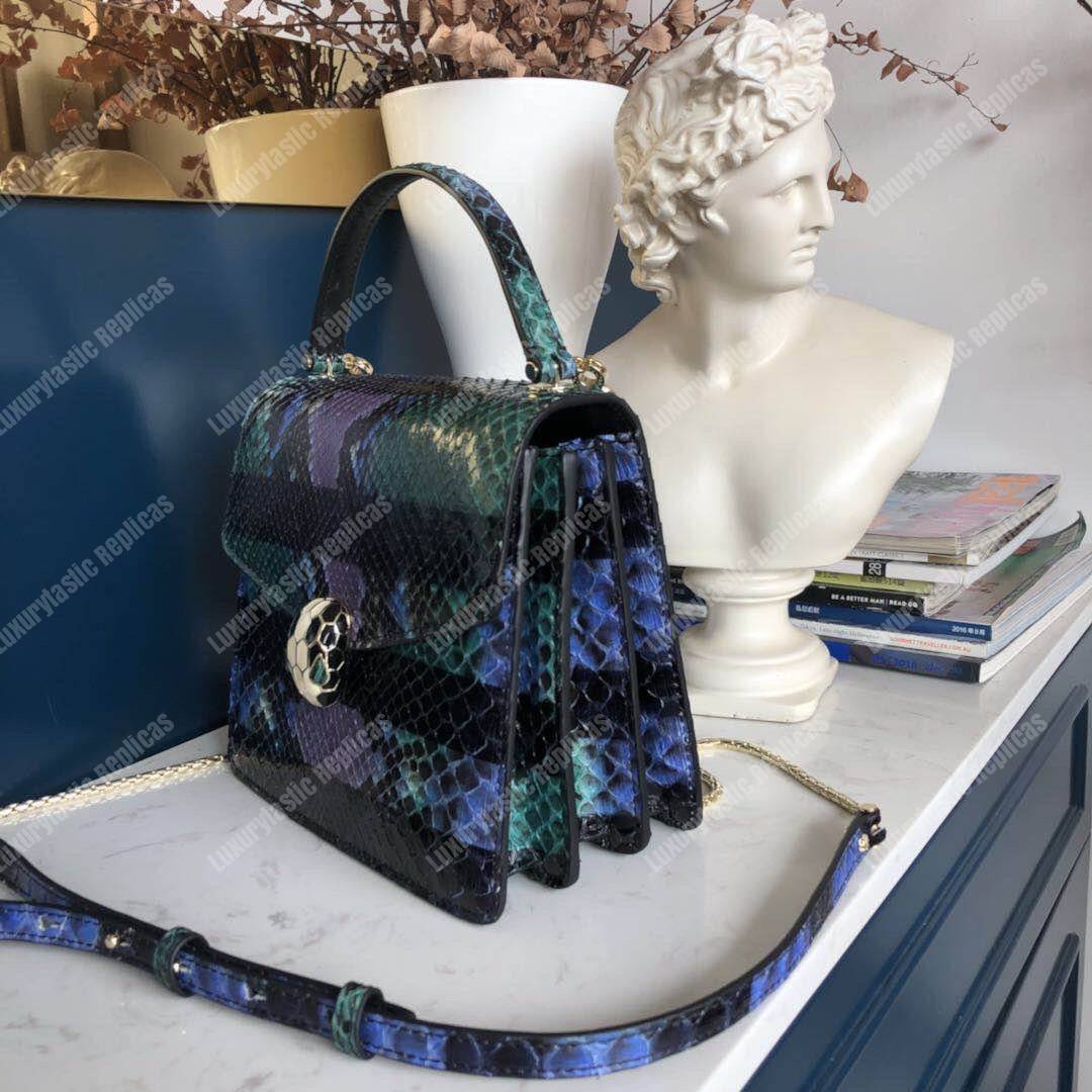 BVL Serpenti Forever Flap Cover Pop-Stripe Python Small Bag Royal Sapphire