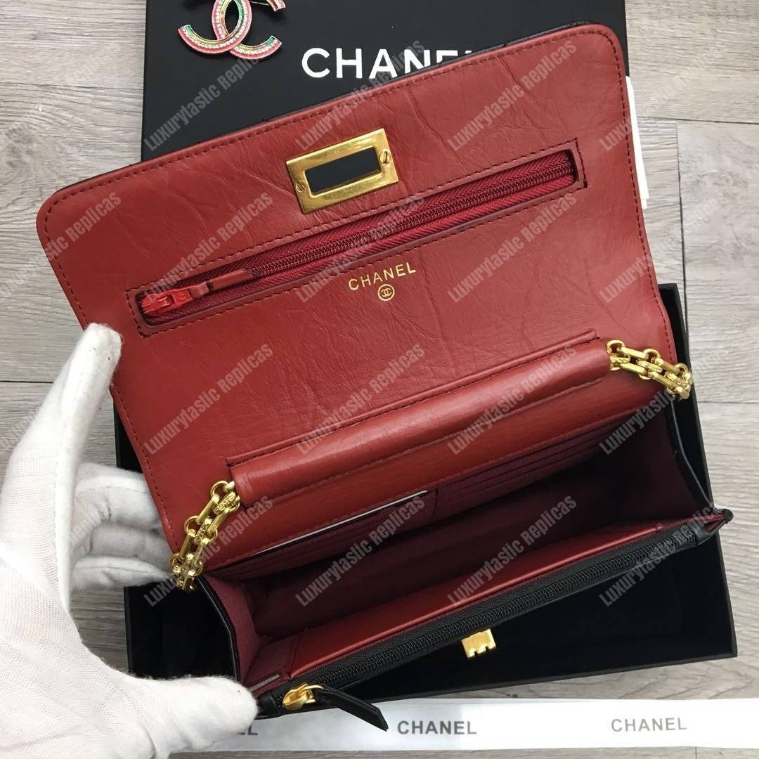 Ch*el reissue 2.55 wallet on chain – woc chevron calfskin black gold-toned