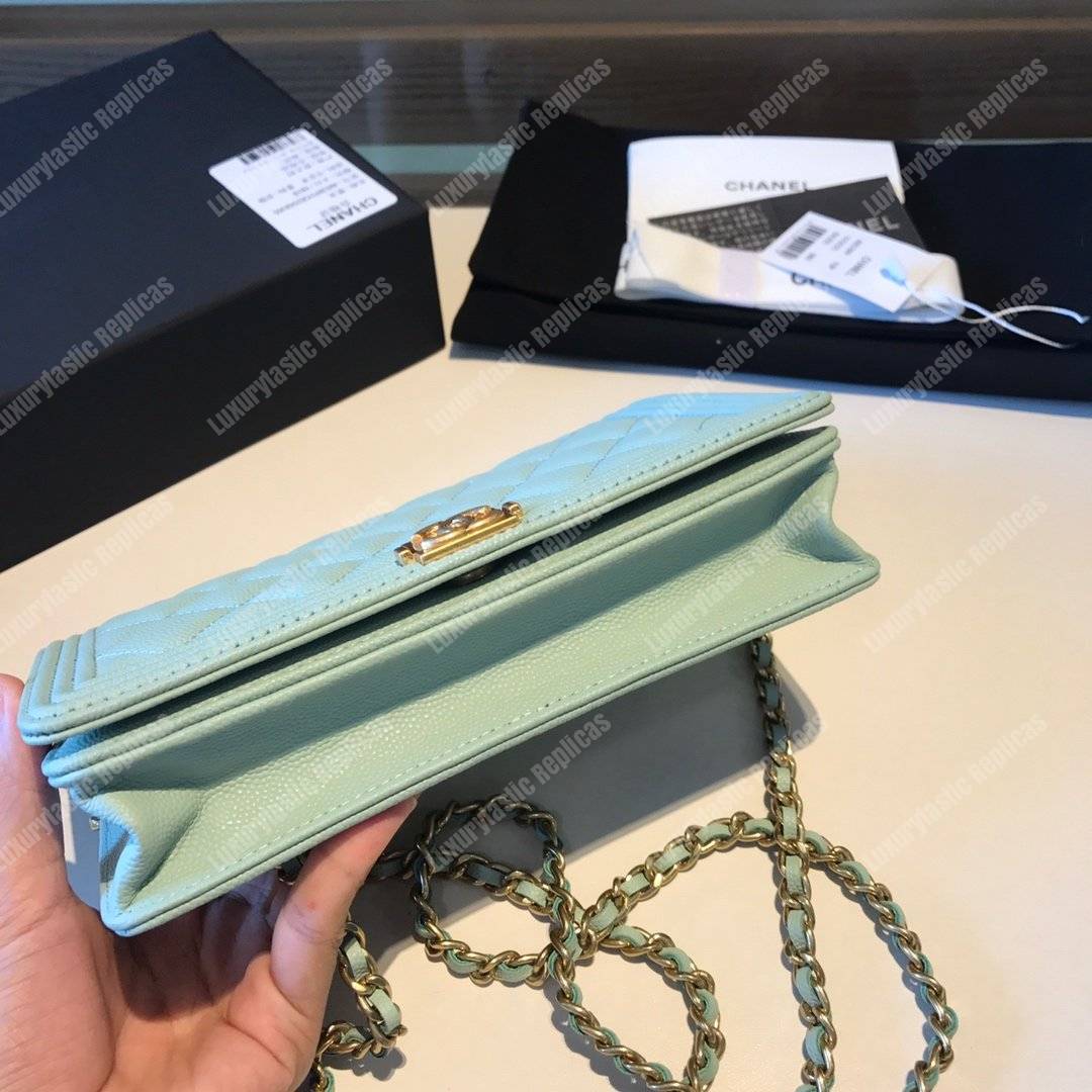 Ch*el le boy wallet on chain – woc seafoam green caviar gold-toned