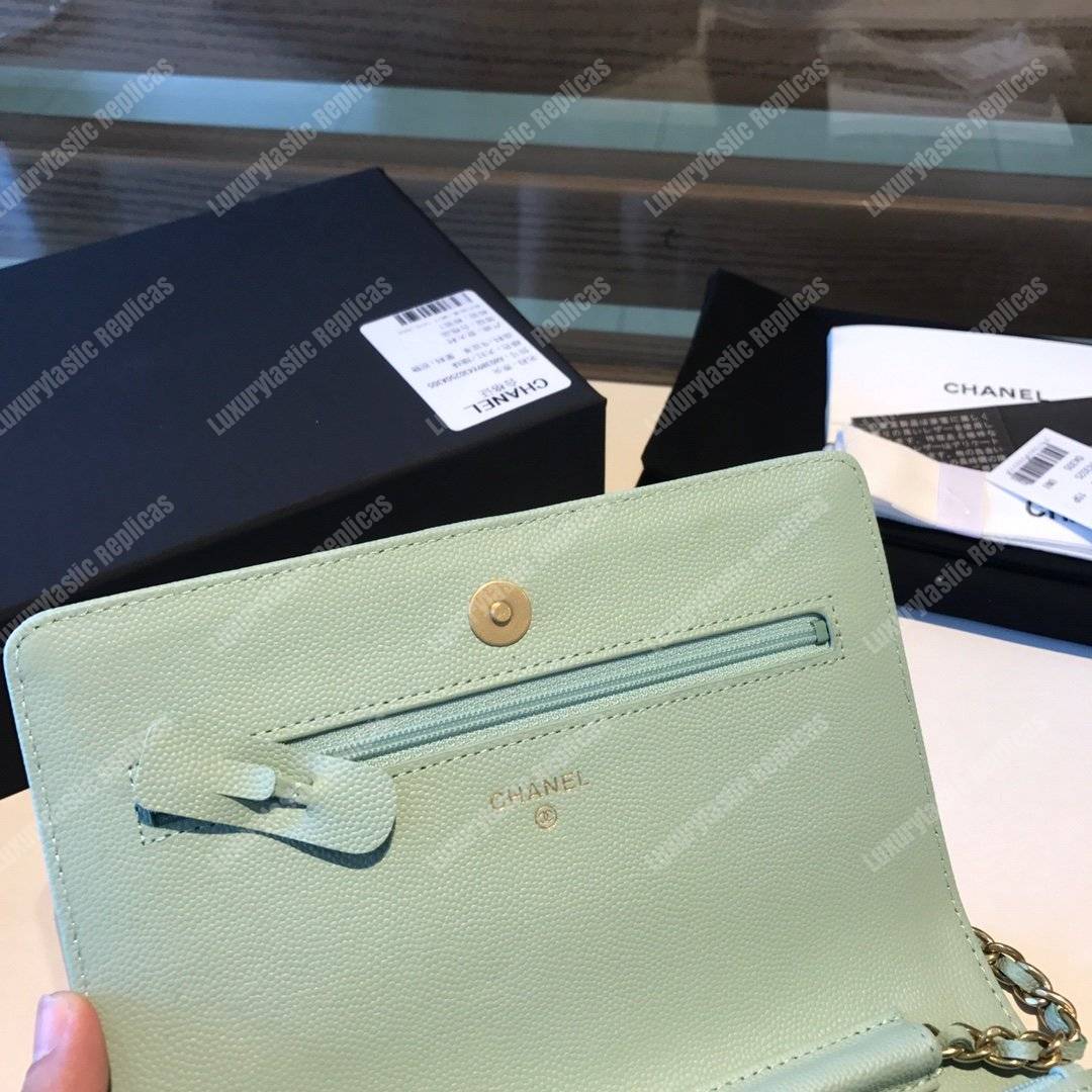 Ch*el le boy wallet on chain – woc seafoam green caviar gold-toned