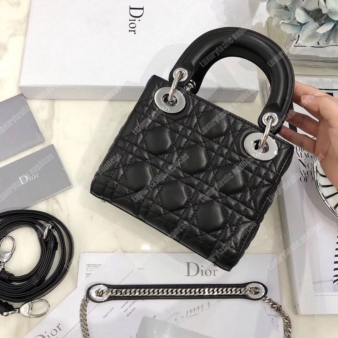 mini lady D*or lambskin bag with silver-toned metal