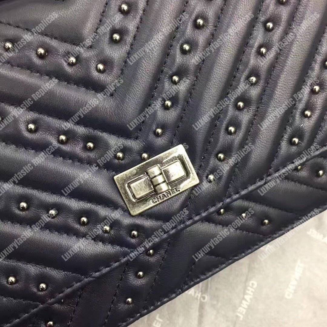 Ch*el reissue 2.55 wallet on chain – woc chevron studded lambskin dark blue silver-toned