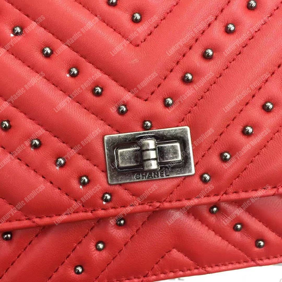 Ch*el reissue 2.55 wallet on chain – woc chevron studded lambskin red silver-toned