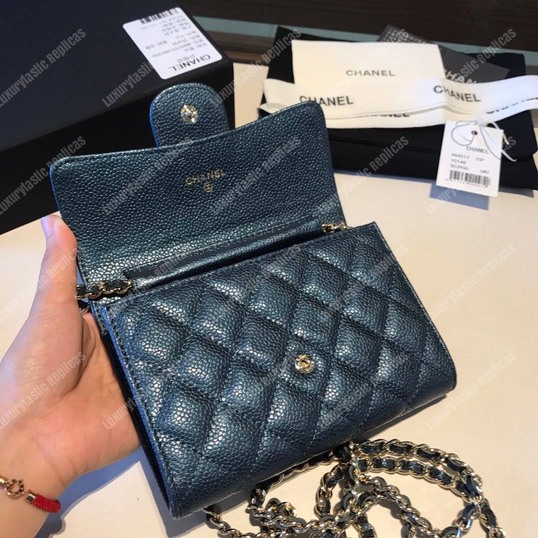 Ch*el classic clutch with chain – cwc caviar blue silver-toned