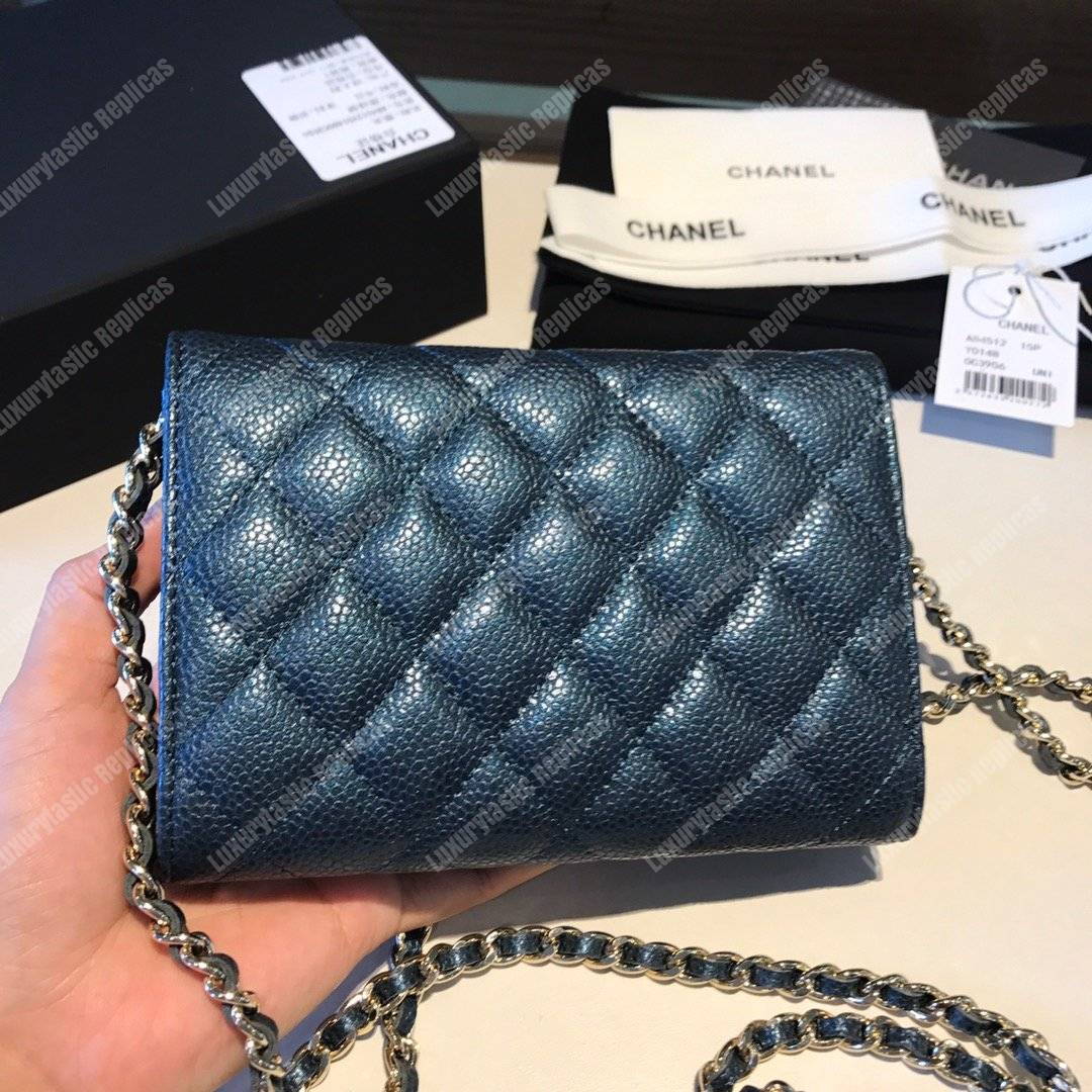 Ch*el classic clutch with chain – cwc caviar blue silver-toned