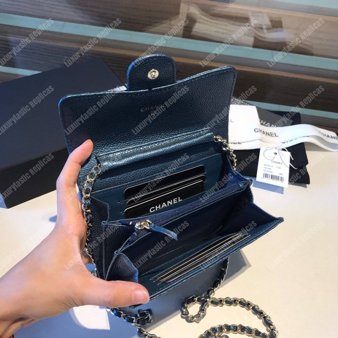 Ch*el classic clutch with chain – cwc caviar blue silver-toned